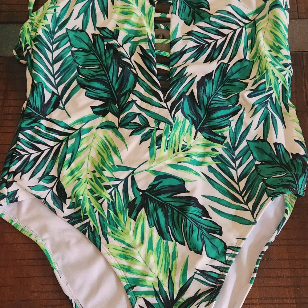 Xhilaration Green and White One Piece Swimsuit Tropical Leaf Design